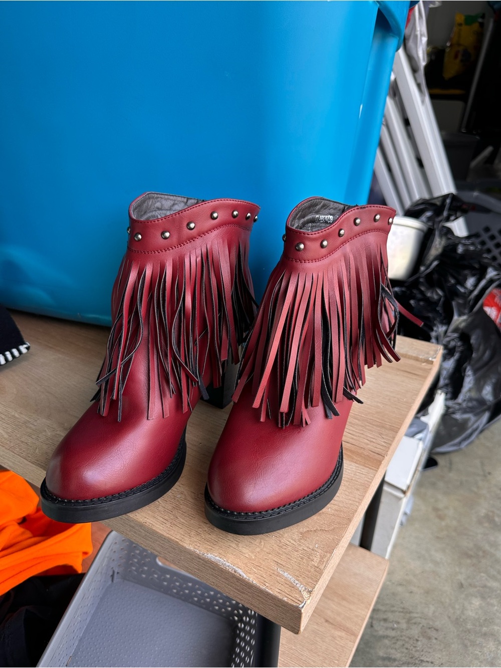 Fringed Red Ankle Boots with Stud Detail